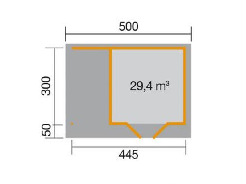 445 x 300cm  weka Designhaus 126 A Gr.3, schwedenrot, 28 mm, Doppeltür, Anbau 150 cm, ohne RW
