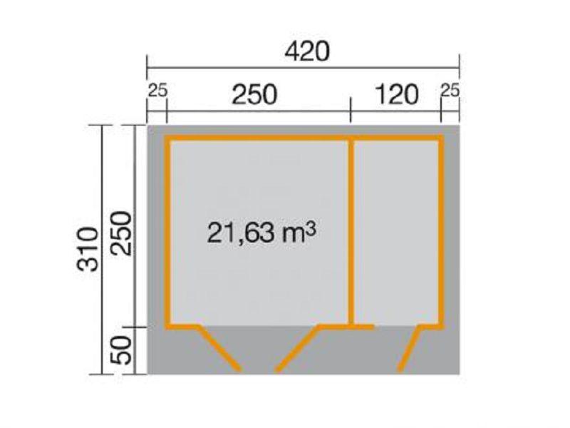 Gartenhaus 253 Gr.2, 28 mm, Doppeltür, Nebenraum Einzeltür, VD 50, mit 2. Raum 370 x 250cm